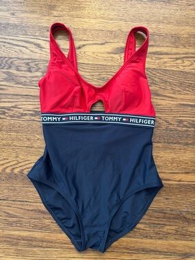 Tommy Hilfiger Red & Navy Logo-Trim One-Piece Swimsuit